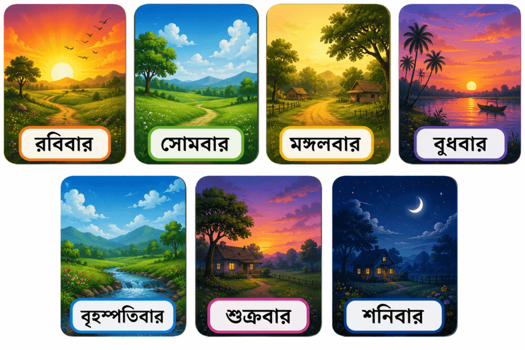 বিবার, সোমবার, মঙ্গলবার, বুধবার, বৃহস্পতিবার, শুক্রবার ও শনিবার
